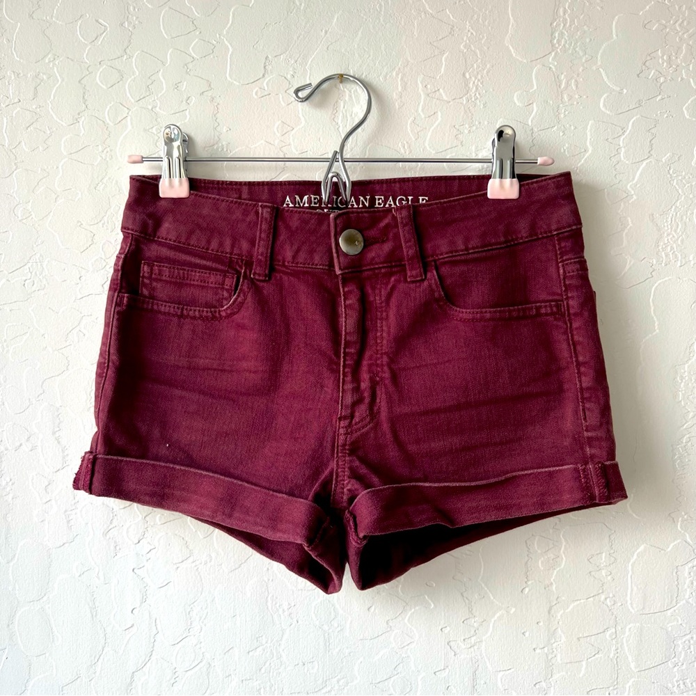 American Eagle Burgundy/Maroon Super Stretch Denim Shorts